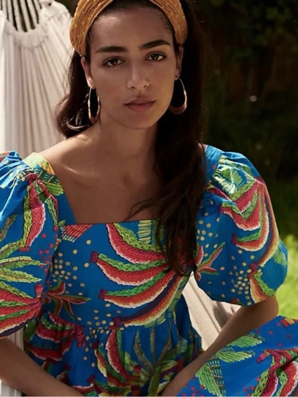 Farm Rio Blue Bananas Tropical Blue Puff Sleeve Midi Dress | M
